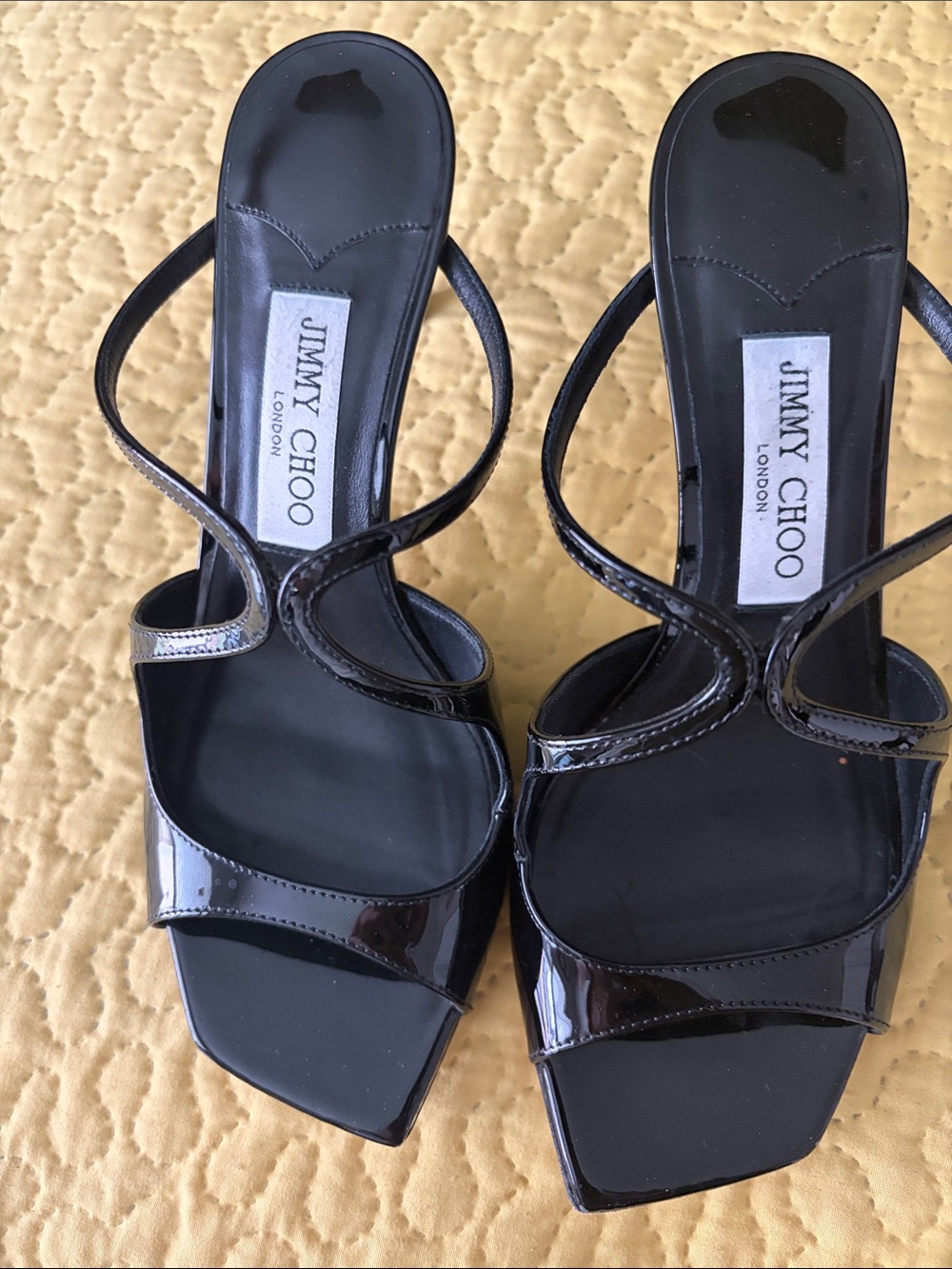 Jimmy Choo Black Patent Leather Strappy Square-Toe Heels